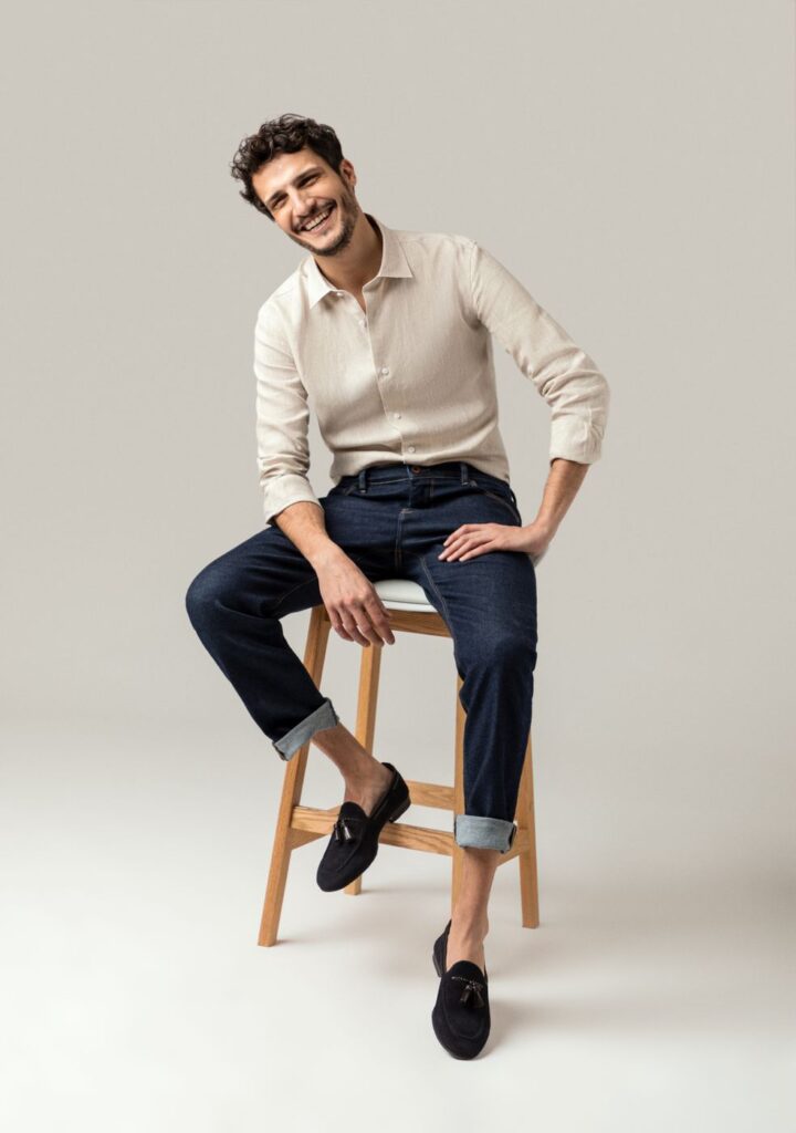 Dark wash jeans + crisp button-down shirt + leather loafers: